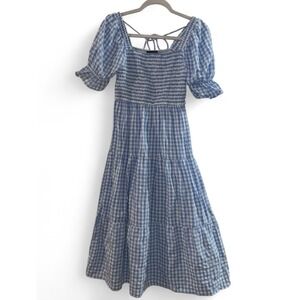 Zesica Blue Gingham Smocked Puff Sleeve Tiered Midi Dress Size Small Cottagecore